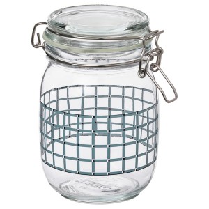 IKEA KORKEN jar with lid, clear glass/check pattern gray-blue, 34 oz , IKEA Sale | 83074XAGV