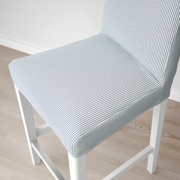 IKEA BERGMUND bar stool with backrest, white/Rommele dark blue/white, 24 3/8 in , IKEA Sale | 15268DQEG