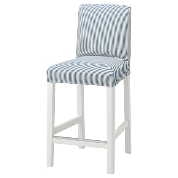 IKEA BERGMUND bar stool with backrest, white/Rommele dark blue/white, 24 3/8 in , IKEA Sale | 15268DQEG