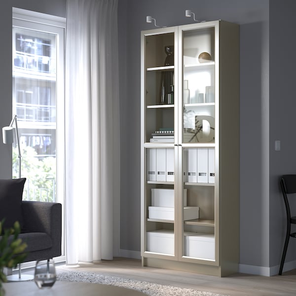 IKEA BILLY Bookcase with glass doors, gray, metallic effect, 31  1/2x11  3/4x79  1/2 in , IKEA Sale | 74216SRBM