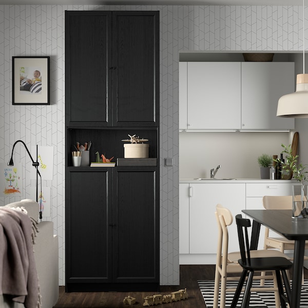 IKEA BILLY / OXBERG bookcase w doors/ext unit, black oak effect, 31 1/2x11 3/4x93 1/4 in , IKEA Sale | 43890BNDH