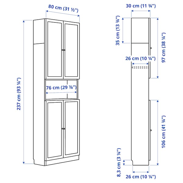 IKEA BILLY / OXBERG bookcase w doors/ext unit, birch effect, 31 1/2x11 3/4x93 1/4 in , IKEA Sale | 71920LUXF