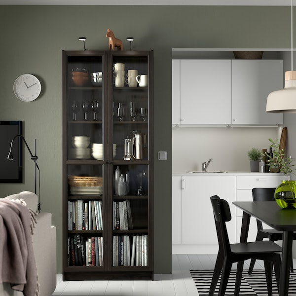 IKEA BILLY / OXBERG bookcase w glass doors, dark brown oak effect, 31 1/2x11 3/4x79 1/2 in , IKEA Sale | 38562GWRY