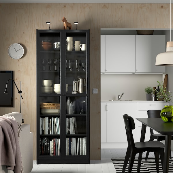 IKEA BILLY / OXBERG bookcase w glass doors, black oak effect, 31 1/2x11 3/4x79 1/2 in , IKEA Sale | 34062GDYJ