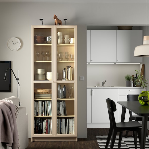 IKEA BILLY / OXBERG bookcase w glass doors, birch effect, 31 1/2x11 3/4x79 1/2 in , IKEA Sale | 92701JVTG