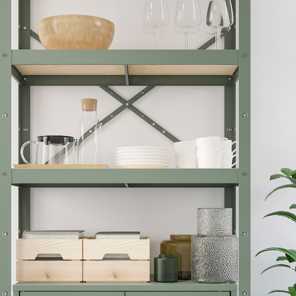 IKEA BROR shelving unit with cabinet, gray-green/pine plywood, 33 1/2x15 3/4x74 3/4 in , IKEA Sale | 90846LKEX