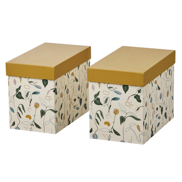 IKEA DAKSJUS box with lid, set of 2, sprout patterned off-white/yellow-brown , IKEA Sale | 09236VPNG