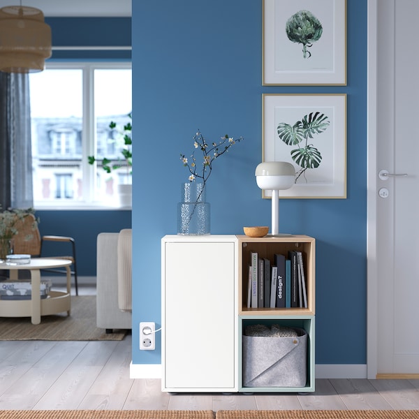 IKEA EKET storage combination with feet, white/stained oak effect light gray-blue, 27 1/2x13 3/4x28 3/8 in , IKEA Sale | 38741QGDY