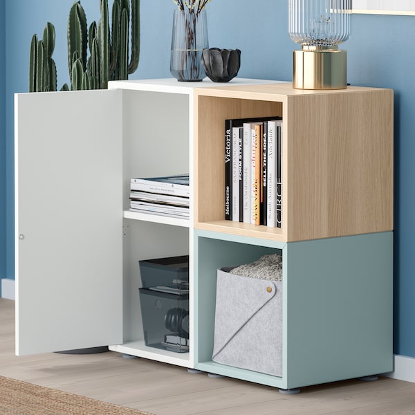 IKEA EKET storage combination with feet, white/stained oak effect light gray-blue, 27 1/2x13 3/4x28 3/8 in , IKEA Sale | 38741QGDY