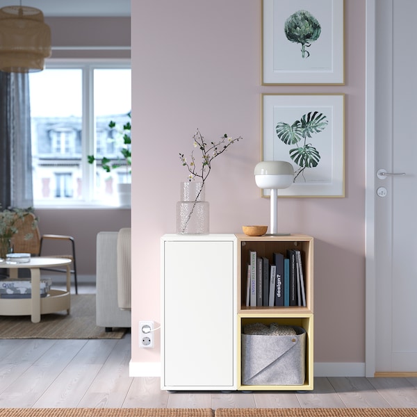 IKEA EKET storage combination with feet, white/stained oak effect pale yellow, 27 1/2x13 3/4x28 3/8 in , IKEA Sale | 47169RMZH