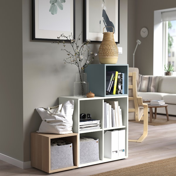 IKEA EKET storage combination with feet, white/white stained oak effect light gray-blue, 41 3/8x13 3/4x42 1/8 in , IKEA Sale | 10276MFAH