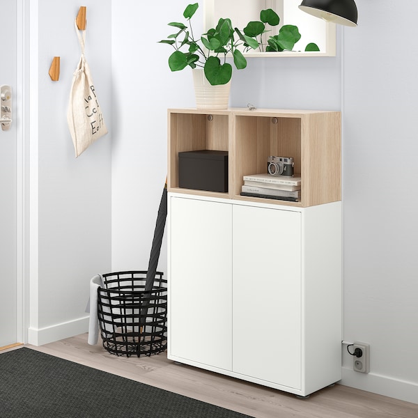 IKEA EKET storage combination with feet, white/white stained oak effect, 27 1/2x13 3/4x42 1/8 in , IKEA Sale | 49527IWUL