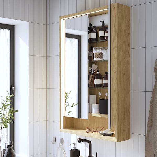 IKEA FAXÄLVEN mirror cabinet w built-in lighting, oak effect, 24x6x37 in , IKEA Sale | 60172WOHP