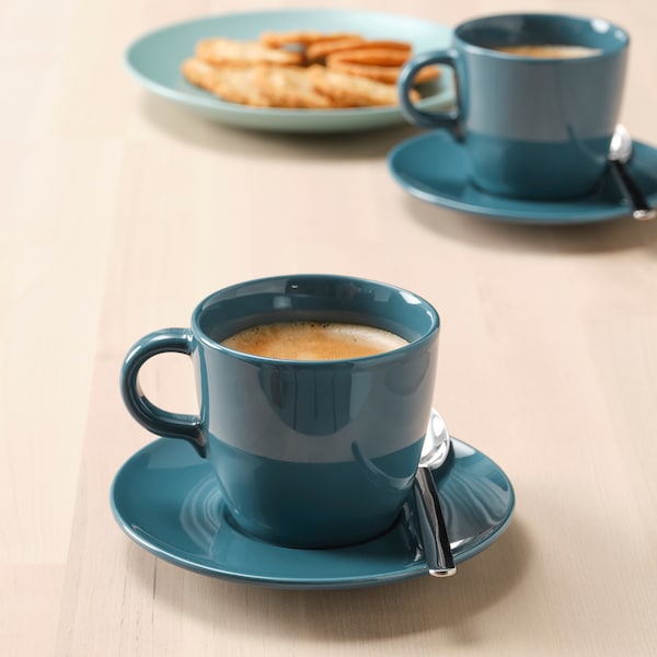 IKEA FÄRGKLAR cup and saucer, glossy dark turquoise, 8 oz, 4 pack , IKEA Sale | 52706ZIOY