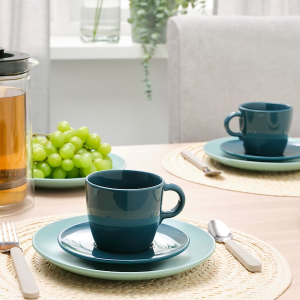 IKEA FÄRGKLAR cup and saucer, glossy dark turquoise, 8 oz, 4 pack , IKEA Sale | 52706ZIOY