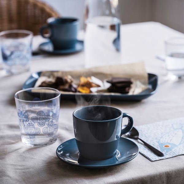 IKEA FÄRGKLAR cup and saucer, glossy dark turquoise, 8 oz, 4 pack , IKEA Sale | 52706ZIOY