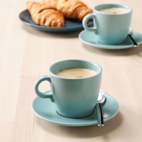 IKEA FÄRGKLAR cup and saucer, matte light turquoise, 8 oz, 4 pack , IKEA Sale | 37862GDOS