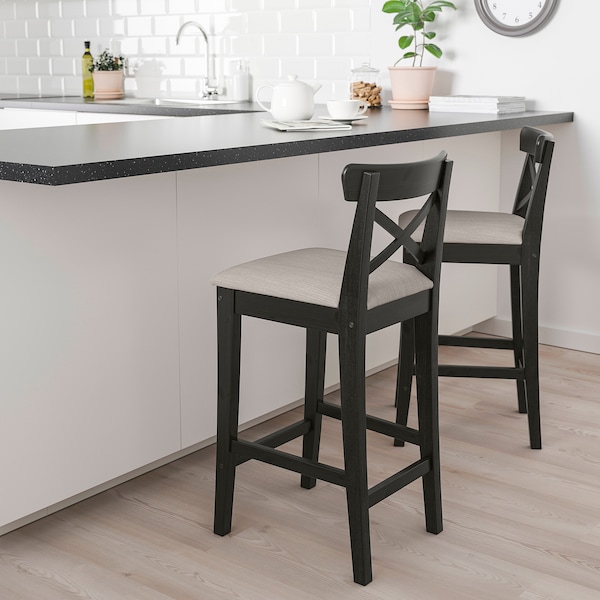 IKEA INGOLF bar stool with backrest, brown-black/Nolhaga gray-beige, 25 5/8 in , IKEA Sale | 02385HTNF