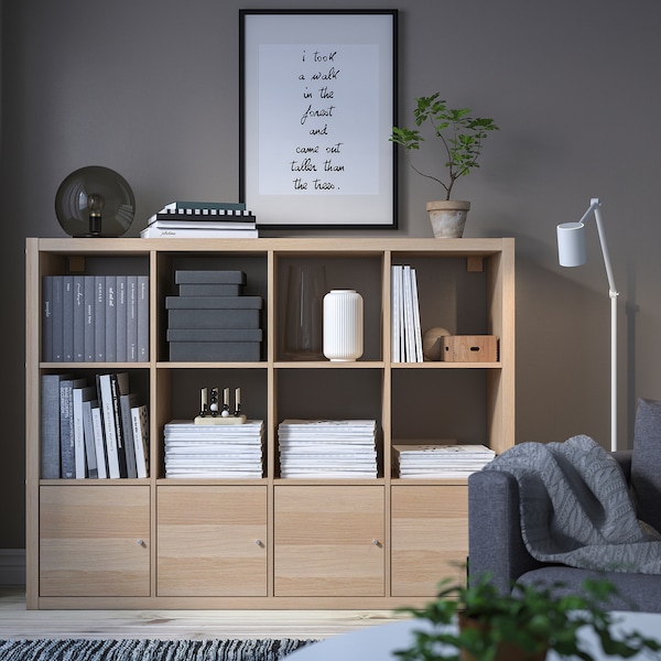 IKEA KALLAX shelf unit with 4 inserts, white stained oak effect, 57 7/8x44 1/8 in , IKEA Sale | 28153IJWA