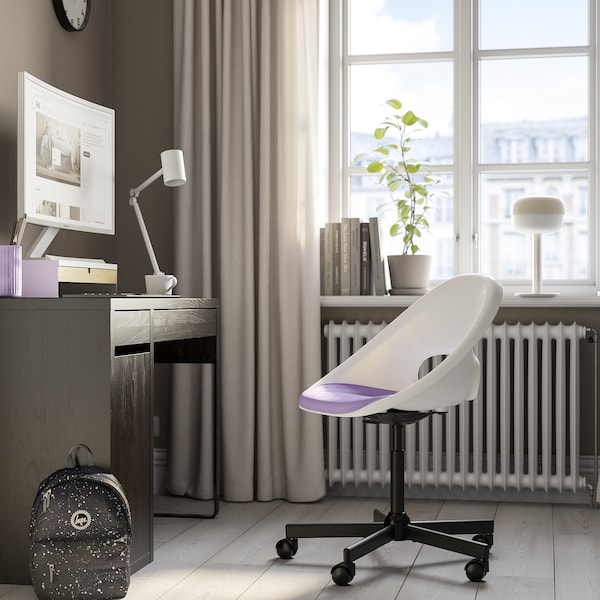 IKEA LOBERGET / MALSKÄR swivel chair + pad, white black/lilac , IKEA Sale | 25978OEXT