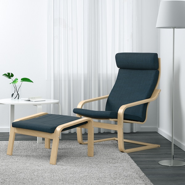 IKEA POÄNG armchair and ottoman, birch veneer/Hillared dark blue , IKEA Sale | 25980XGZR