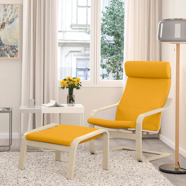 IKEA POÄNG armchair and ottoman, birch veneer/Skiftebo yellow , IKEA Sale | 04265ZROH