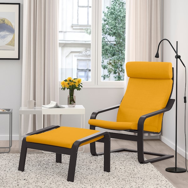 IKEA POÄNG armchair and ottoman, black-brown/Skiftebo yellow , IKEA Sale | 34612ZYUT