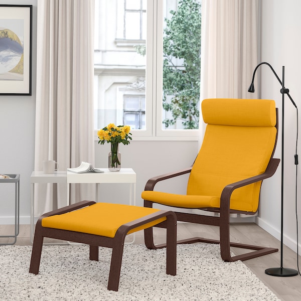 IKEA POÄNG armchair and ottoman, brown/Skiftebo yellow , IKEA Sale | 61358NZQL