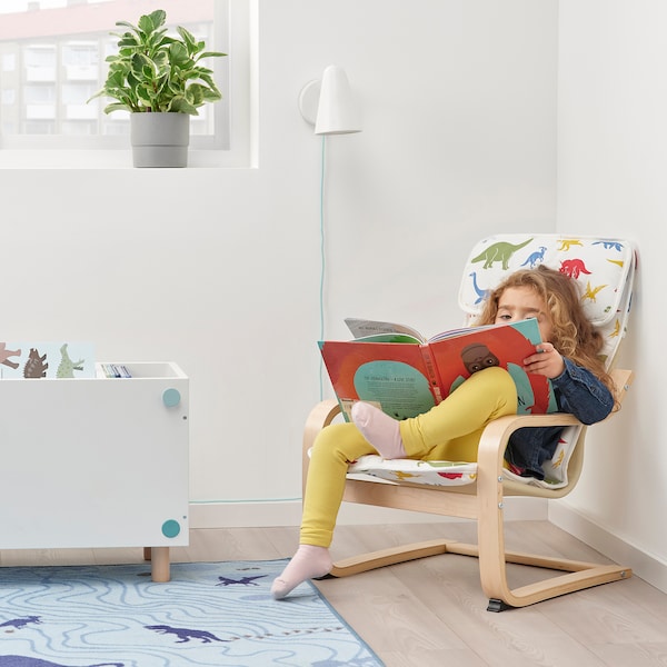 IKEA POÄNG kid's armchair, birch veneer/Medskog dinosaur pattern , IKEA Sale | 67841NOHF