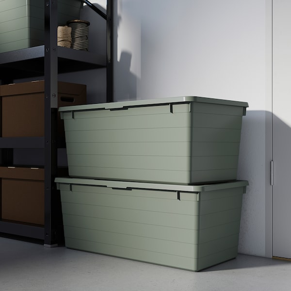 IKEA SOCKERBIT storage box with lid, gray-green, 15x30x11 ¾ in , IKEA Sale | 29673BELQ