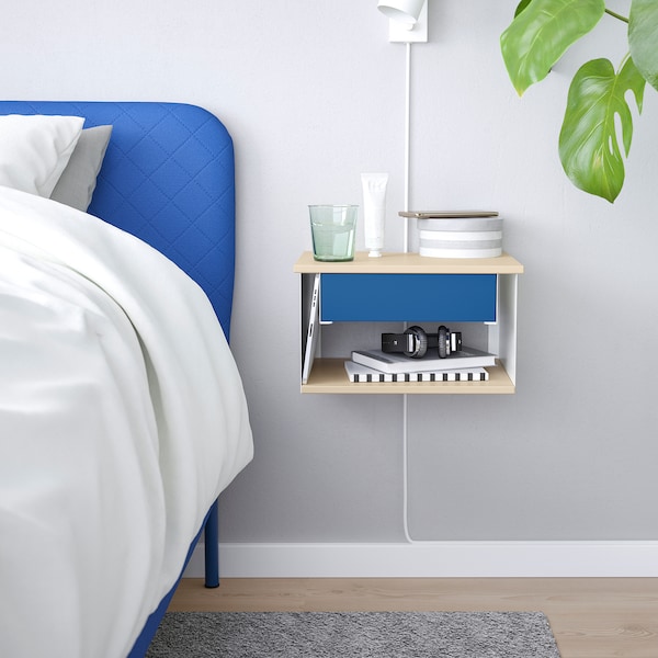 IKEA STOMSÖ wall-mounted bedside table, birch effect white/blue, 14 1/8x11 3/8x7 7/8 in , IKEA Sale | 67538ASFE