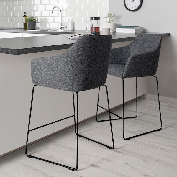 IKEA TOSSBERG bar stool with backrest, metal black/Gunnared dark gray , IKEA Sale | 50182XUDH