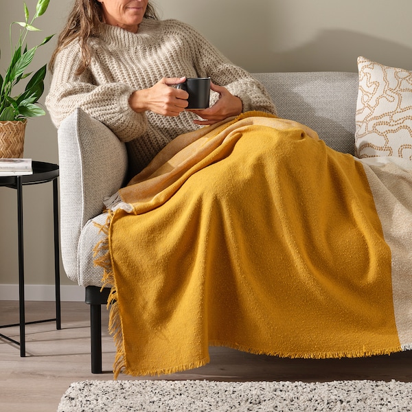 IKEA UGGLEFLY throw, dark yellow/off-white, 51x67 in , IKEA Sale | 08937HPCD